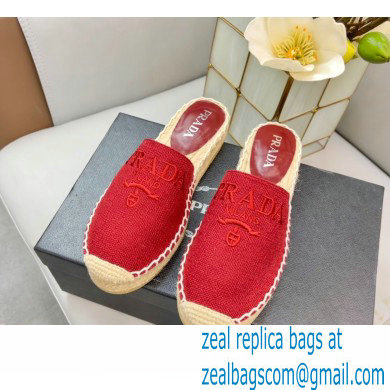 Prada Linen Logo Embroidered Espadrilles Slippers Red 2022
