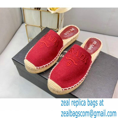 Prada Linen Logo Embroidered Espadrilles Slippers Red 2022