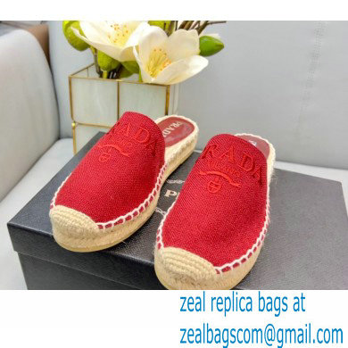 Prada Linen Logo Embroidered Espadrilles Slippers Red 2022