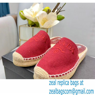 Prada Linen Logo Embroidered Espadrilles Slippers Red 2022