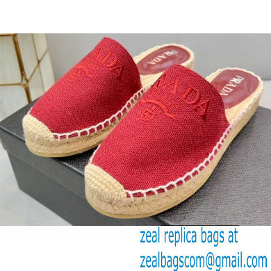 Prada Linen Logo Embroidered Espadrilles Slippers Red 2022