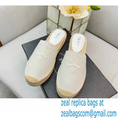 Prada Linen Logo Embroidered Espadrilles Slippers White 2022 - Click Image to Close