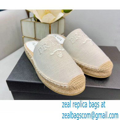 Prada Linen Logo Embroidered Espadrilles Slippers White 2022 - Click Image to Close