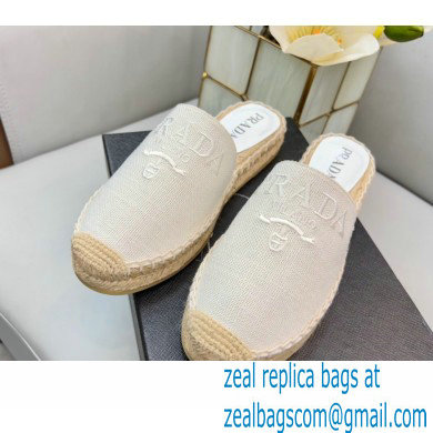 Prada Linen Logo Embroidered Espadrilles Slippers White 2022 - Click Image to Close