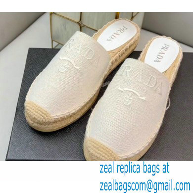 Prada Linen Logo Embroidered Espadrilles Slippers White 2022 - Click Image to Close