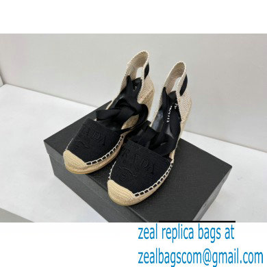 Prada Linen Logo Embroidered Platform 8cm Wedge Espadrilles Black 2022