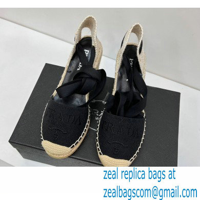 Prada Linen Logo Embroidered Platform 8cm Wedge Espadrilles Black 2022