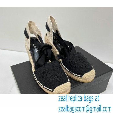 Prada Linen Logo Embroidered Platform 8cm Wedge Espadrilles Black 2022