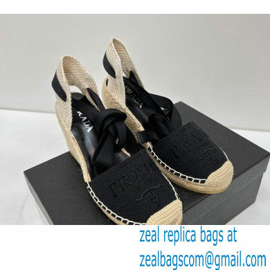 Prada Linen Logo Embroidered Platform 8cm Wedge Espadrilles Black 2022 - Click Image to Close