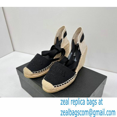 Prada Linen Logo Embroidered Platform 8cm Wedge Espadrilles Black 2022