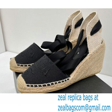 Prada Linen Logo Embroidered Platform 8cm Wedge Espadrilles Black 2022 - Click Image to Close