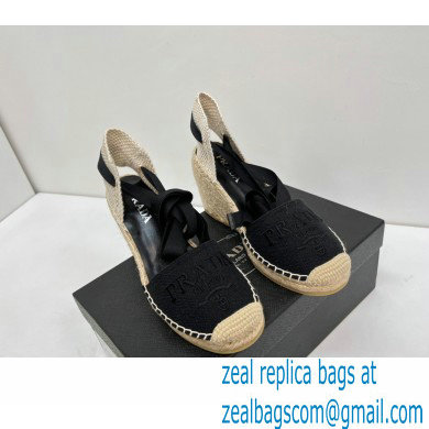 Prada Linen Logo Embroidered Platform 8cm Wedge Espadrilles Black 2022 - Click Image to Close