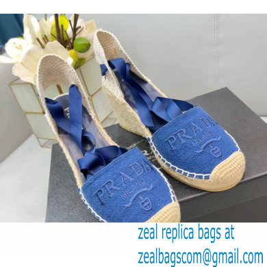 Prada Linen Logo Embroidered Platform 8cm Wedge Espadrilles Blue 2022