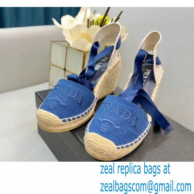 Prada Linen Logo Embroidered Platform 8cm Wedge Espadrilles Blue 2022