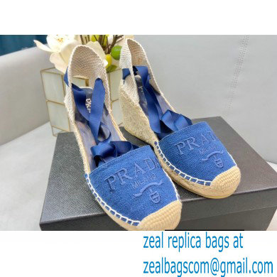 Prada Linen Logo Embroidered Platform 8cm Wedge Espadrilles Blue 2022