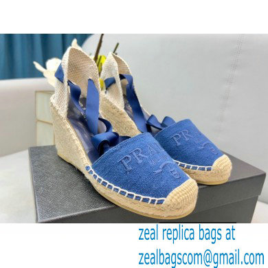 Prada Linen Logo Embroidered Platform 8cm Wedge Espadrilles Blue 2022 - Click Image to Close