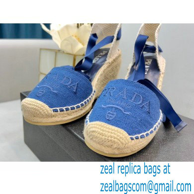 Prada Linen Logo Embroidered Platform 8cm Wedge Espadrilles Blue 2022