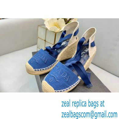 Prada Linen Logo Embroidered Platform 8cm Wedge Espadrilles Blue 2022 - Click Image to Close