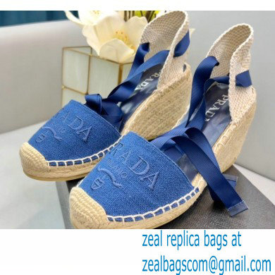 Prada Linen Logo Embroidered Platform 8cm Wedge Espadrilles Blue 2022 - Click Image to Close