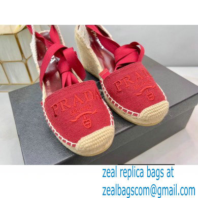 Prada Linen Logo Embroidered Platform 8cm Wedge Espadrilles Red 2022 - Click Image to Close