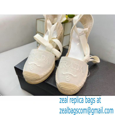 Prada Linen Logo Embroidered Platform 8cm Wedge Espadrilles White 2022