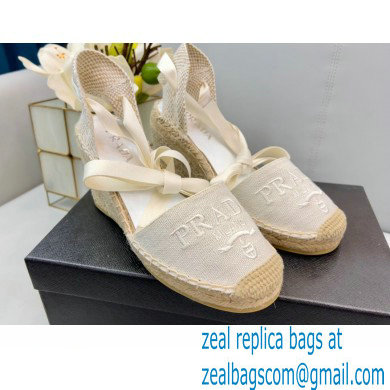 Prada Linen Logo Embroidered Platform 8cm Wedge Espadrilles White 2022