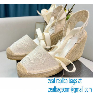 Prada Linen Logo Embroidered Platform 8cm Wedge Espadrilles White 2022