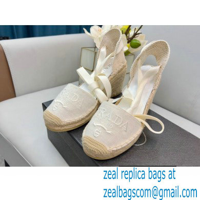 Prada Linen Logo Embroidered Platform 8cm Wedge Espadrilles White 2022 - Click Image to Close