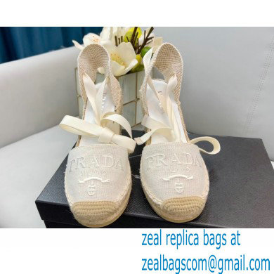 Prada Linen Logo Embroidered Platform 8cm Wedge Espadrilles White 2022