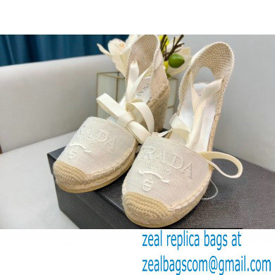 Prada Linen Logo Embroidered Platform 8cm Wedge Espadrilles White 2022 - Click Image to Close