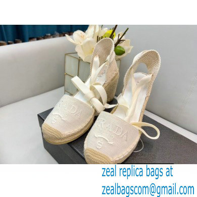 Prada Linen Logo Embroidered Platform 8cm Wedge Espadrilles White 2022 - Click Image to Close