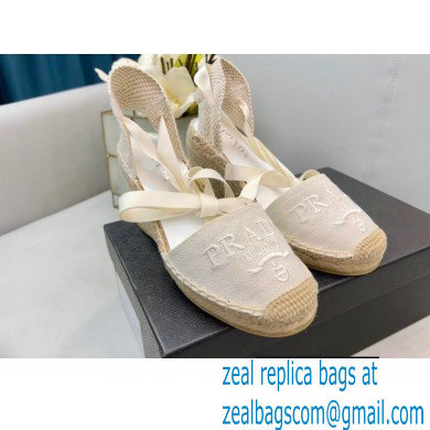 Prada Linen Logo Embroidered Platform 8cm Wedge Espadrilles White 2022