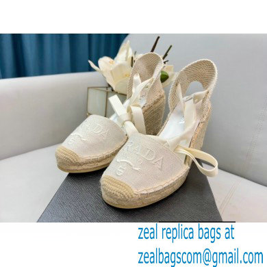 Prada Linen Logo Embroidered Platform 8cm Wedge Espadrilles White 2022 - Click Image to Close