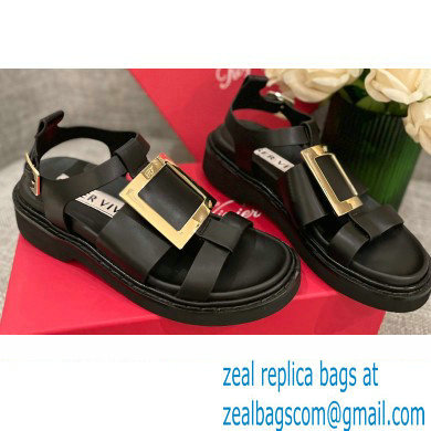 Roger Vivier Viv' Rangers Metal Buckle Sandals in Leather Black 2022 - Click Image to Close