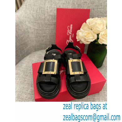 Roger Vivier Viv' Rangers Metal Buckle Sandals in Leather Black 2022