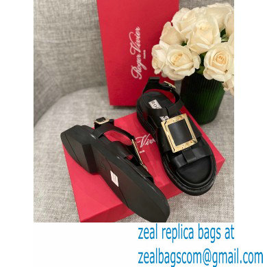 Roger Vivier Viv' Rangers Metal Buckle Sandals in Leather Black 2022