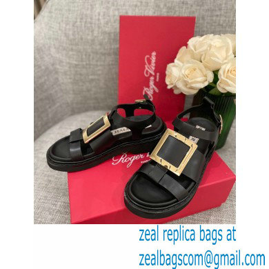 Roger Vivier Viv' Rangers Metal Buckle Sandals in Leather Black 2022