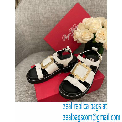 Roger Vivier Viv' Rangers Metal Buckle Sandals in Leather White 2022 - Click Image to Close