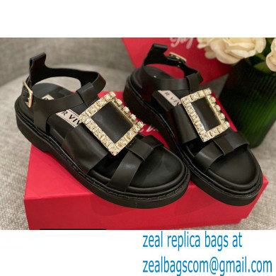 Roger Vivier Viv' Rangers Strass Buckle Sandals in Leather Black 2022