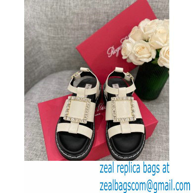 Roger Vivier Viv' Rangers Strass Buckle Sandals in Leather Off White 2022 - Click Image to Close