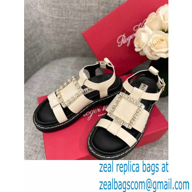 Roger Vivier Viv' Rangers Strass Buckle Sandals in Leather Off White 2022 - Click Image to Close