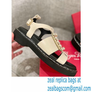 Roger Vivier Viv' Rangers Strass Buckle Sandals in Leather Off White 2022