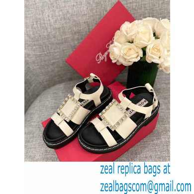 Roger Vivier Viv' Rangers Strass Buckle Sandals in Leather Off White 2022 - Click Image to Close