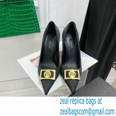 Versace Heel 10.5cm Crystal Medusa Pumps Satin Black 2022 - Click Image to Close