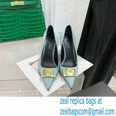 Versace Heel 10.5cm Crystal Medusa Pumps Satin Cyan 2022