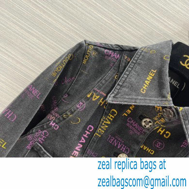 chanel logo printed denim jacket black 2022