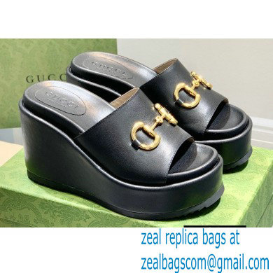 Gucci Heel Platform Slide Sandals Horsebit Leather Black 2022