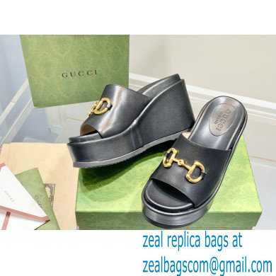 Gucci Heel Platform Slide Sandals Horsebit Leather Black 2022