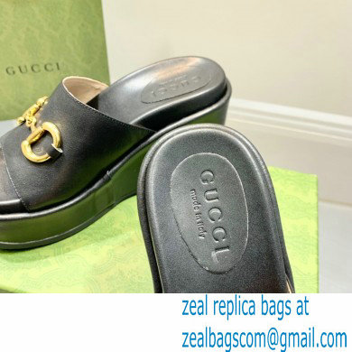 Gucci Heel Platform Slide Sandals Horsebit Leather Black 2022