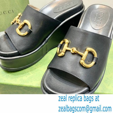 Gucci Heel Platform Slide Sandals Horsebit Leather Black 2022 - Click Image to Close